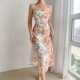 Spaghetti Strap Square-neck Floral Print Slit Midi Dress