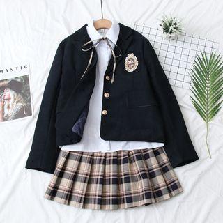 Set: Plain Shirt + Embroidered Blazer + Plaid Mini Pleated Skirt Navy Blue - One Size