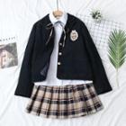 Set: Plain Shirt + Embroidered Blazer + Plaid Mini Pleated Skirt Navy Blue - One Size