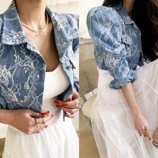 Puff-sleeve Lace-overlay Denim Jacket Light Blue - One Size