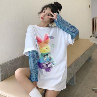 Long Sleeve Round Neck Letter Sheer Top/ Short Sleeve Rabbit Print T-shirt