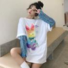 Long Sleeve Round Neck Letter Sheer Top/ Short Sleeve Rabbit Print T-shirt