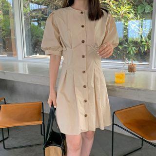 Puff-sleeve Buttoned A-line Dress Khaki - One Size