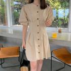 Puff-sleeve Buttoned A-line Dress Khaki - One Size