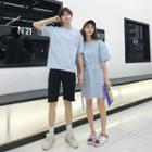 Couple Matching Elbow-sleeve Stitch Trim Pocket T-shirt / A-line Mini Dress / Shorts