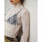 Turtleneck Long-sleeve Lace Top White - One Size