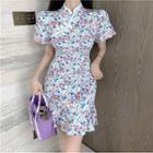 Short-sleeve Floral Mini A-line Qipao Dress