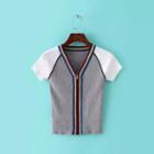 Short-sleeve Rainbow Trim Zipped Knit Top