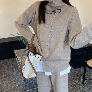 Long-sleeve High-neck Plain Knit Cardigan / Wide-leg Knit Pants