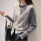 Long-sleeve Lace Panel Button-up Knit Top