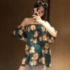 Off-shoulder Flower Print Elbow-sleeve Top Emerald - One Size