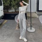 Long-sleeve Drawstring T-shirt / Slit Wide Leg Pants