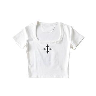Short-sleeve Scoop-neck Cross Print Cropped T-shirt