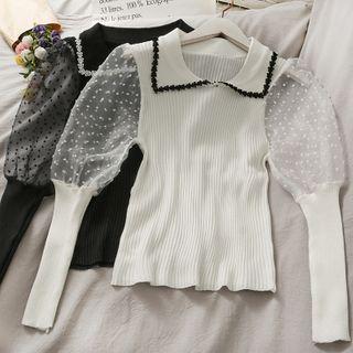 Patchwork Collared Skinny Knit Top