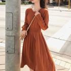 Pleated Knit Midi A-line Dress