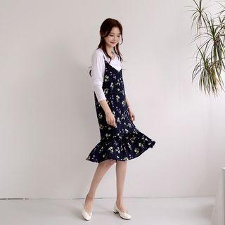 Set: Spaghetti-strap Floral Ruffle-hem Long Dress + T-shirt
