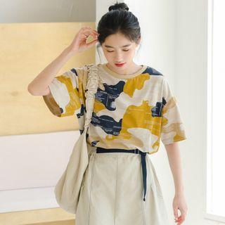 Lettering Camouflage Short-sleeve T-shirt As Shown In Figure - One Size