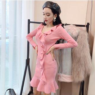 V-neck Ruffled Knit Sheath Dress