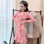V-neck Ruffled Knit Sheath Dress