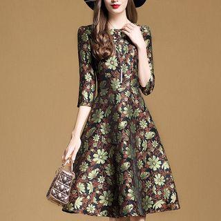 Floral Jacquard 3/4-sleeve A-line Dress
