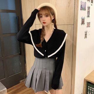 Button-front Collared Ribbed Knit Sweater