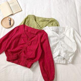 Plain Eyelet Lace V-neck Long-sleeve Blouse