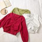 Plain Eyelet Lace V-neck Long-sleeve Blouse