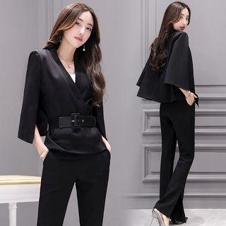 Set: 3/4-sleeve Coat + Boot-cut Pants