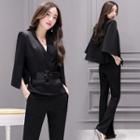 Set: 3/4-sleeve Coat + Boot-cut Pants