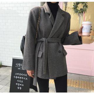 Tie-waist Double-breasted Herringbone Blazer As Shown In Figure - One Size