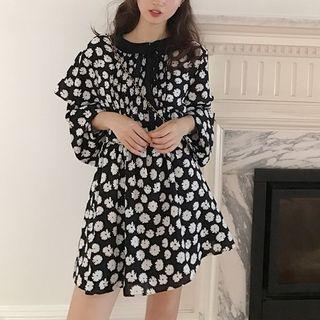 Long-sleeve Floral Print Mini A-line Dress As Shown In Figure - One Size