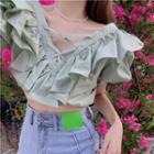 Short-sleeve Ruffle Cropped Blouse Pea Green - One Size