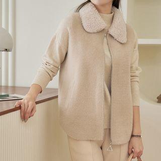 Fleece-collar Zip-up Furry Vest