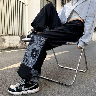 Paisley Print Panel Drawstring-cuff Wide Leg Pants