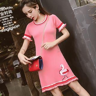 Embroidered Short-sleeve A-line Knit Dress