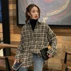 Plaid Single-breasted Loose-fit Long-sleeve Blouse / Plain Turtle-neck Slim-fit Long-sleeve Top