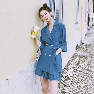 Set: Elbow-sleeve Double-breasted Blazer + Wide-leg Shorts