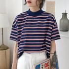 Mock-neck Pinstriped T-shirt As Shown In Figure - One Size
