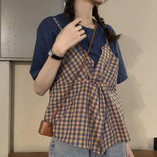 Short-sleeve Mock Two-piece Gingham T-shirt