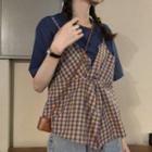 Short-sleeve Mock Two-piece Gingham T-shirt