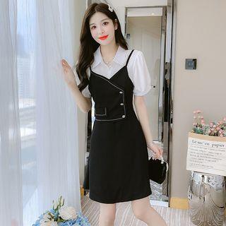 Mock Two-piece Short-sleeve Rhinestone Mini Shirt Dress