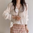 Puff-sleeve Floral Embroidered Blouse / Plaid A-line Skirt