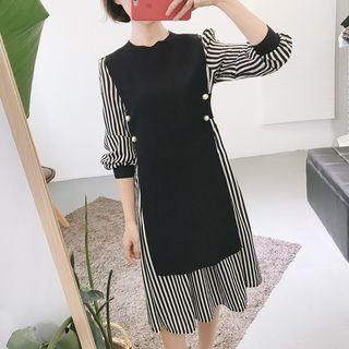 Set: Striped Loose-fit Long Sleeve Shirtdress + Plain Pearl-accent Vest