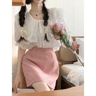 Short-sleeve Tie-front Blouse / High-waist Plain Mini Skirt
