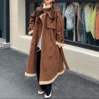 Double Breasted Faux Shearling Coat Coffee - One Size