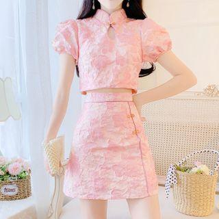 Set: Balloon-sleeve Floral Embroidered Blouse + A-line Skirt