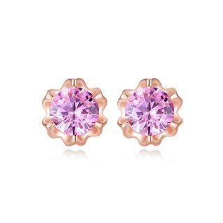 Sterling Silver Plated Rose Gold Fashion Elegant Flower Stud Earrings With Pink Cubic Zirconia Rose Gold - One Size