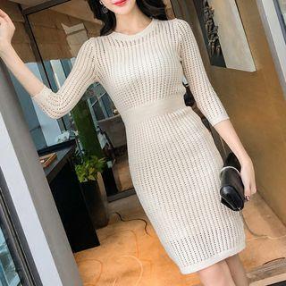 Set: 3/4-sleeve Open Knit Dress + Slipdress