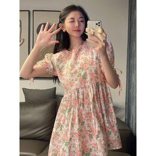 Puff-sleeve Floral Print A-line Dress Red - One Size