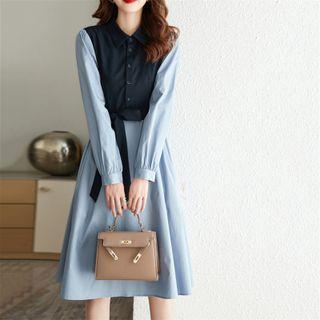 Long-sleeve Two-tone A-line Shirt Dress